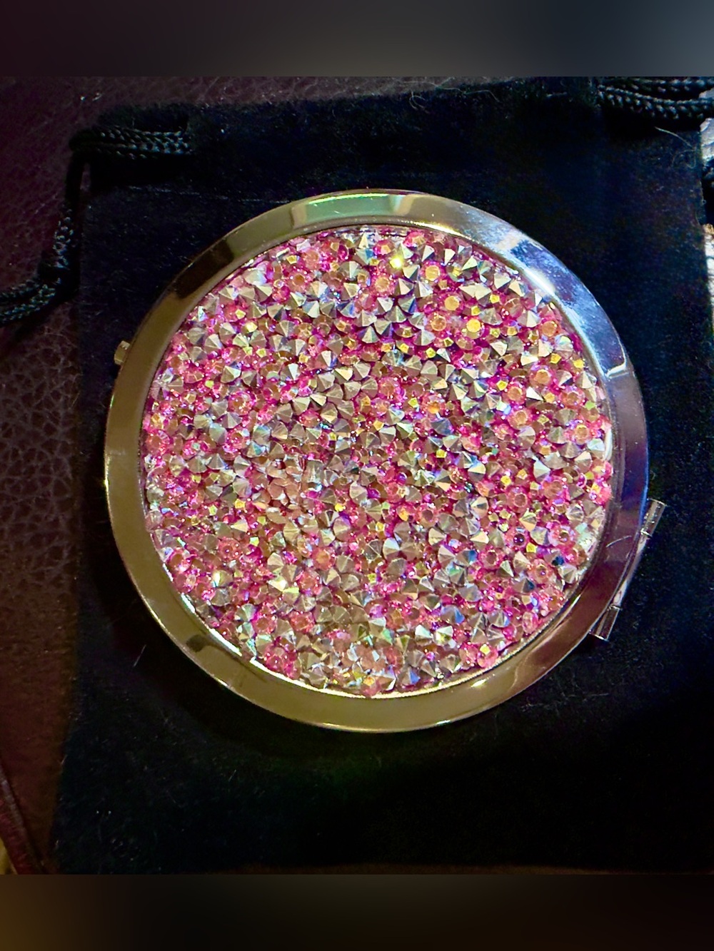 Pink Crystal Compact Mirror in stunning silver